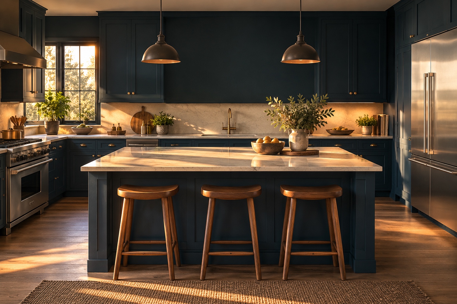 Illustrative sunlit kitchen with stainless steel appliances and blue cabinetry